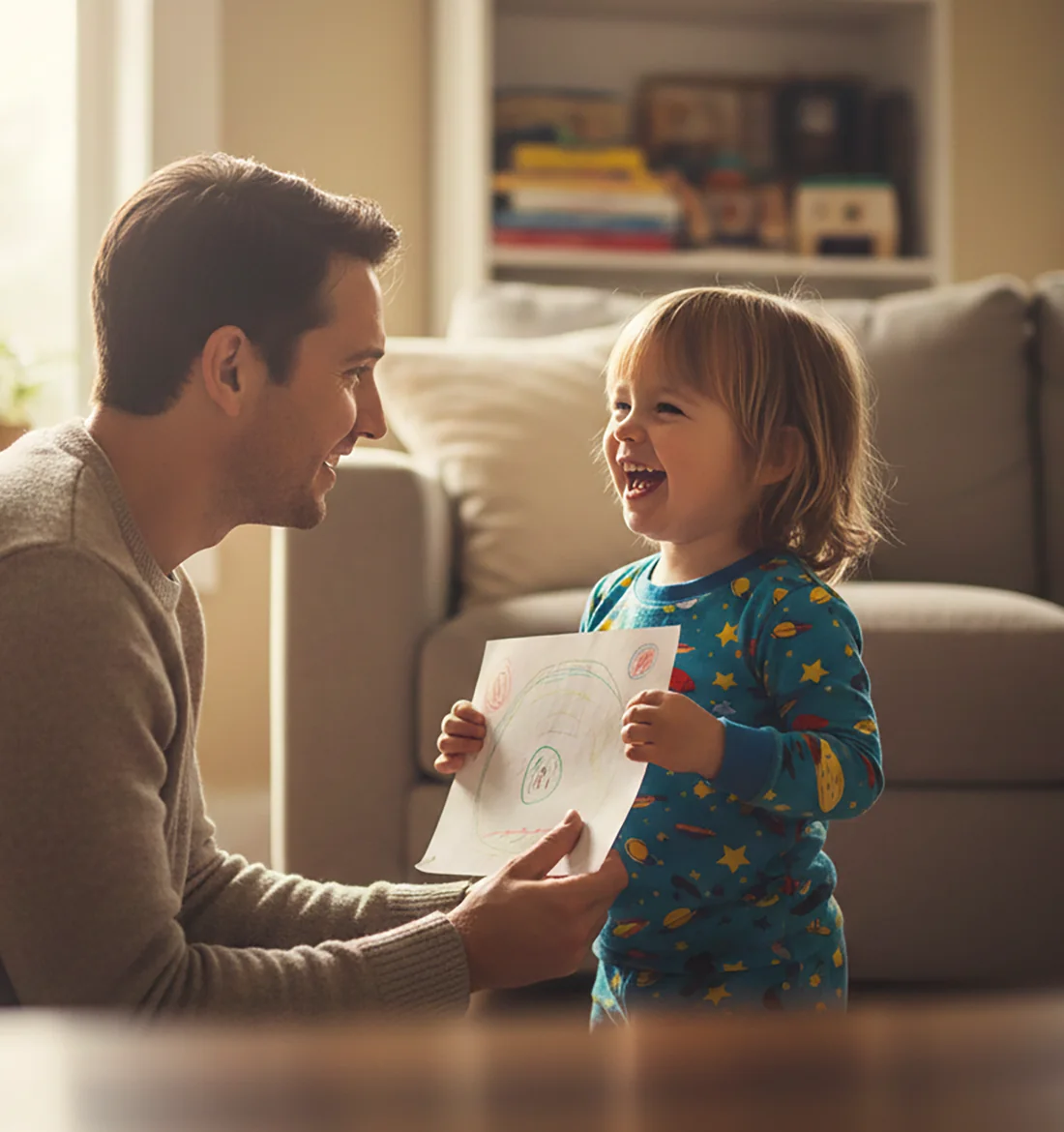 Un padre en el suelo del salón mirando el dibujo que le enseña su hija, que se ríe